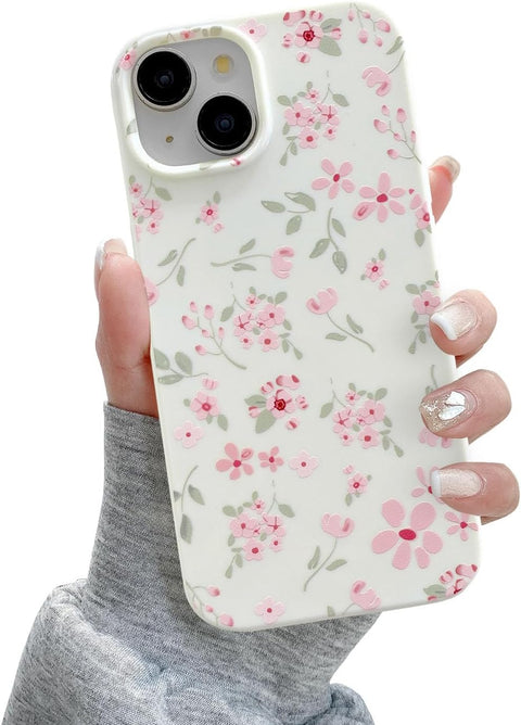 iPhone 15 Case, Cute Pink Floral Flower Pattern Aesthetic Phone Case, Raised Camera Protection Soft Slim TPU Shockproof Protective Phone Cover for Girls Women - Pink
