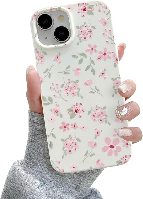 for iPhone 13 Case, Cute Pink Floral Flower Pattern Aesthetic Phone Case, Raised Camera Protection Soft Slim TPU Shockproof Protective Phone Cover for Girls Women - Pink