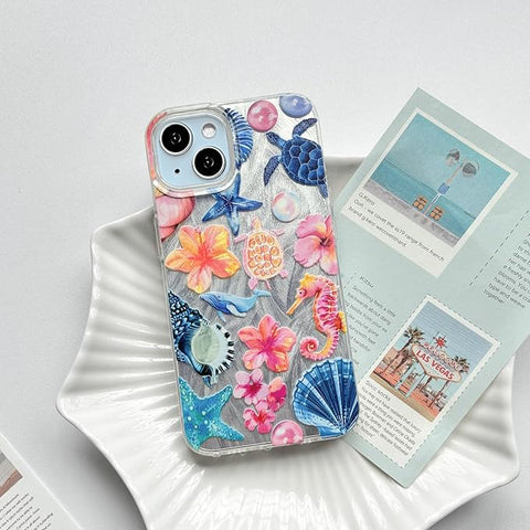 Compatible for iPhone 15 Case Seascape Cute Marine Life Flower Floral with Silver Feather Yarn Design for Women Girls Soft TPU+PC Shockproof Protective Girly-Seahorse
