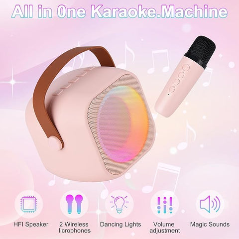 Karaoke Machine for Kids Adults, Mini Portable Bluetooth Karaoke Speaker with 2 Wireless Microphone and Lights,Toys for All Smartphones,Birthday, Family,Home Party