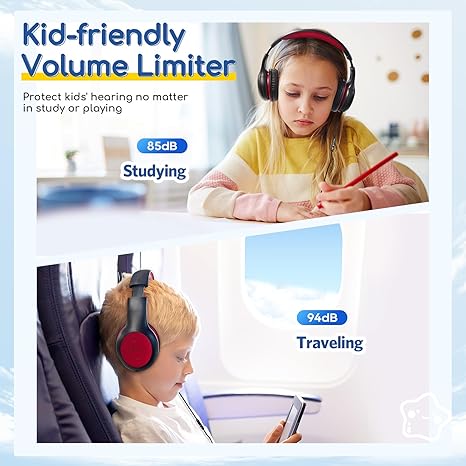 Kids Wired with Microphone, 85/94dB Volume Limit for Kids, Portable Wired Microphone with Shareport, Stereo Sound Foldable Headset for School/Tablet/iPad/Kindle, Black Red