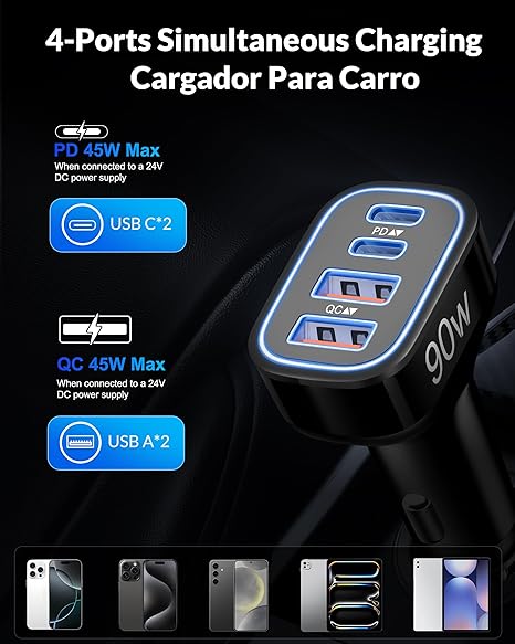 USB C Car Charger, 4-Port 90W Super Fast Car Phone Charger Accessories Dual 45W USB-C & USB-A Cargador Carro Adapter Cigarette Lighter for iPhone 16e 16 15 14 13 12, Samsung S25 S24, Tablet, Android