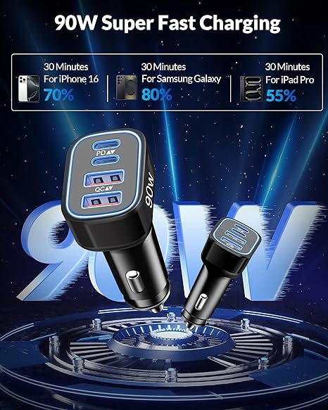 USB C Car Charger, 4-Port 90W Super Fast Car Phone Charger Accessories Dual 45W USB-C & USB-A Cargador Carro Adapter Cigarette Lighter for iPhone 16e 16 15 14 13 12, Samsung S25 S24, Tablet, Android