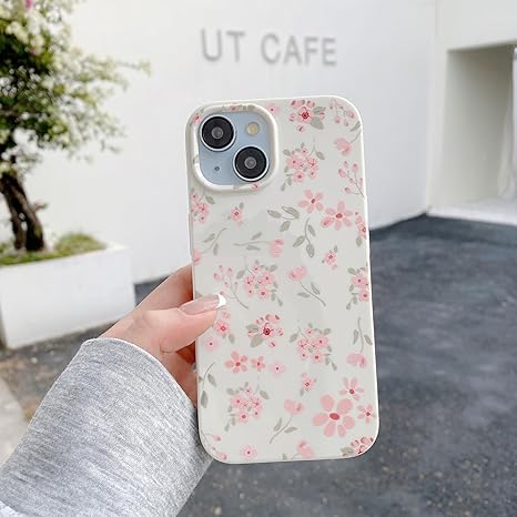 for iPhone 13 Case, Cute Pink Floral Flower Pattern Aesthetic Phone Case, Raised Camera Protection Soft Slim TPU Shockproof Protective Phone Cover for Girls Women - Pink