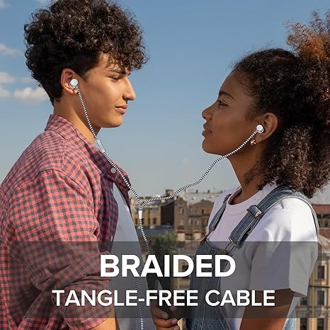 Metal Wired Handsfree, Noise-Isolating Handsfree with 3.5mm Aux Jack, Sweat-Resistant and Comfortable Ear Gels, Tangle-Free Fabric Cable, Silver