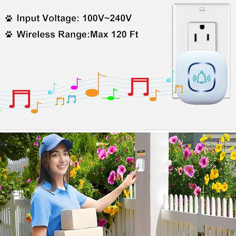 Wireless Doorbell, 1,200ft Wireless Range Doorbell,5 Volume Levels Loud Enough, Mute Mode with 52 Chimes,LED Flashing and Memory Setting.
