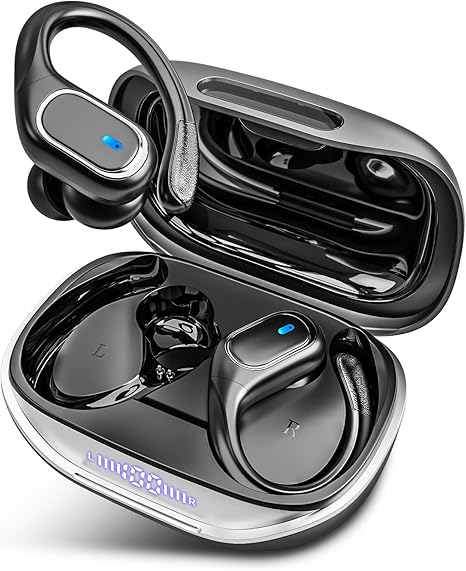 Wireless Earbuds Bluetooth 5.3 Headphones with 80H Playback, IPX7 Waterproof Over Ear Buds with LED Power Display for Sports Running Workouts - Black