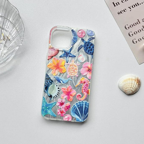 Compatible for iPhone 15 Case Seascape Cute Marine Life Flower Floral with Silver Feather Yarn Design for Women Girls Soft TPU+PC Shockproof Protective Girly-Seahorse