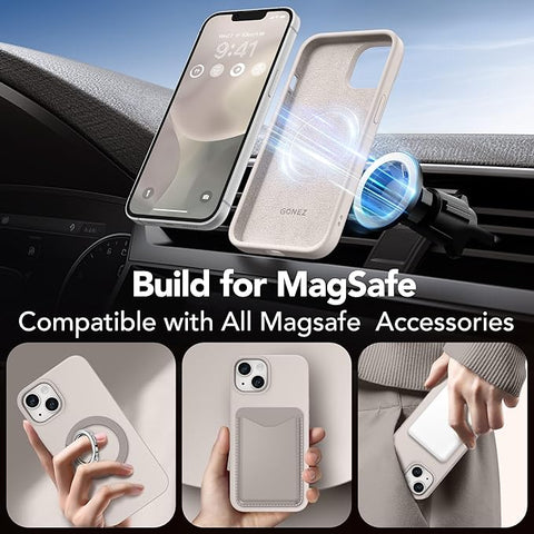 Magnetic for iPhone 14 Case, Compatible with Magsafe, with Screen Protector + Camera Protector, Anti-Scratch Microfiber Lining, Liquid Silicone Shockproof Protective Phone Case, Stone