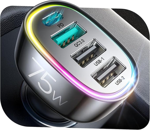 USB C Car Charger Cigarette Lighter Adapter 75W 4-Port Fast Car Charger Fast Charging Compatible with iPhone16/15/14/13 Series