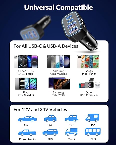 USB C Car Charger, 4-Port 90W Super Fast Car Phone Charger Accessories Dual 45W USB-C & USB-A Cargador Carro Adapter Cigarette Lighter for iPhone 16e 16 15 14 13 12, Samsung S25 S24, Tablet, Android
