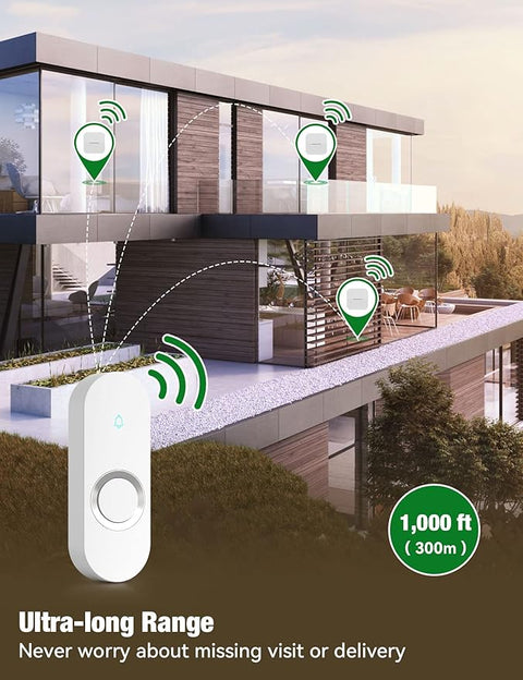 Lighted Wireless Doorbell for Home, Waterproof Battery Doorbell Wireless 1,000ft Range, 5 Volume Levels with 58 Doorbell Chimes & LED Flash (White, Doorbell with 2 Buttons & 1 Receiver)