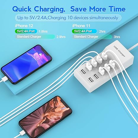 USB Charger Station Block with Rapid Charging Auto Detect Technology Safety Guaranteed 10-Port Family-Sized Smart USB Ports for Multiple Devices Smart Phone Tablet