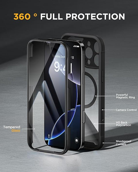 Magnetic for iPhone 16 Pro Max Case 6.9'' [Compatible with MagSafe] Full-Body Phone case with Built-in Glass Screen Protector& Camera Protector,Drop Proof 16 Pro Max Cover,Black