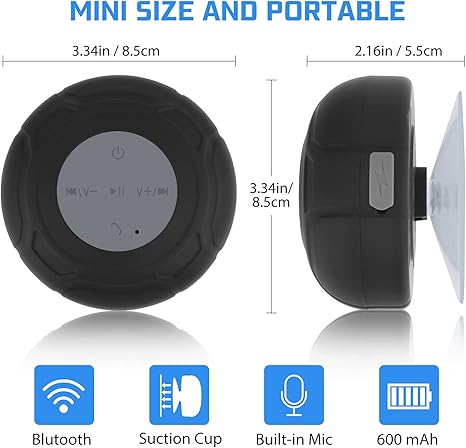 Waterproof Bluetooth Shower Speaker Portable Wireless Water-Resistant Speaker Suction Cup,Built-in Mic Gifts for Kids Speakerphone for iPhone Phone Tablet Bathroom Kitchen - Black