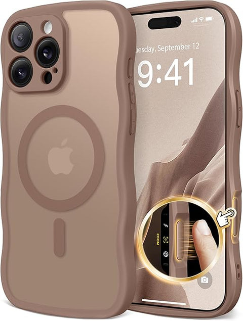 iPhone 16 Pro Max Case for Women Girls, Upgraded [Full Camera Protection] [Compatible with MagSafe] Cute Wave Translucent Matte Phone Case for iPhone 16 Pro Max, Brown