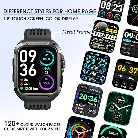 Smart Watch for Men, Answer/Make Bluetooth Calls, Metal Frame 1.8" Alexa Built-in Fitness Tracker with IP68/100 Sports Modes/Heart Rate/SpO2/Stress/Sleep Monitor for iOS/Android (Black)