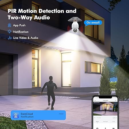 E27 Light Bulb Security Camera Outdoor - 3MP FHD Wireless Home Baby Monitor, WiFi Indoor Garage Surveillance with Night Vision, 2-Way Audio, PIR Mothion Detection and Alerts, Compatible with Alexa