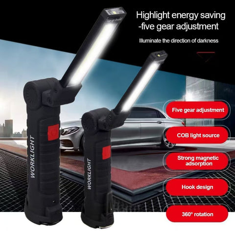 Rechargeable LED Work Light - 360 Degree Rotating Magnetic Base, Handheld Portable Light For Car Maintenance, Mechanical Work, Camping, Emergency - 5 Light Modes -smartlight