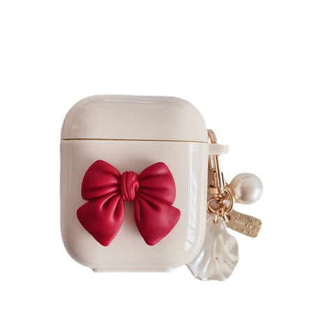 Beige Red Bow Shell Pendant Wireless Earphone Case  -earbuds