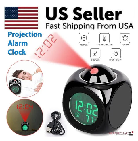 LED Projection Alarm Clock Digital LCD Display Voice Talking Weather Snooze USB -watch
